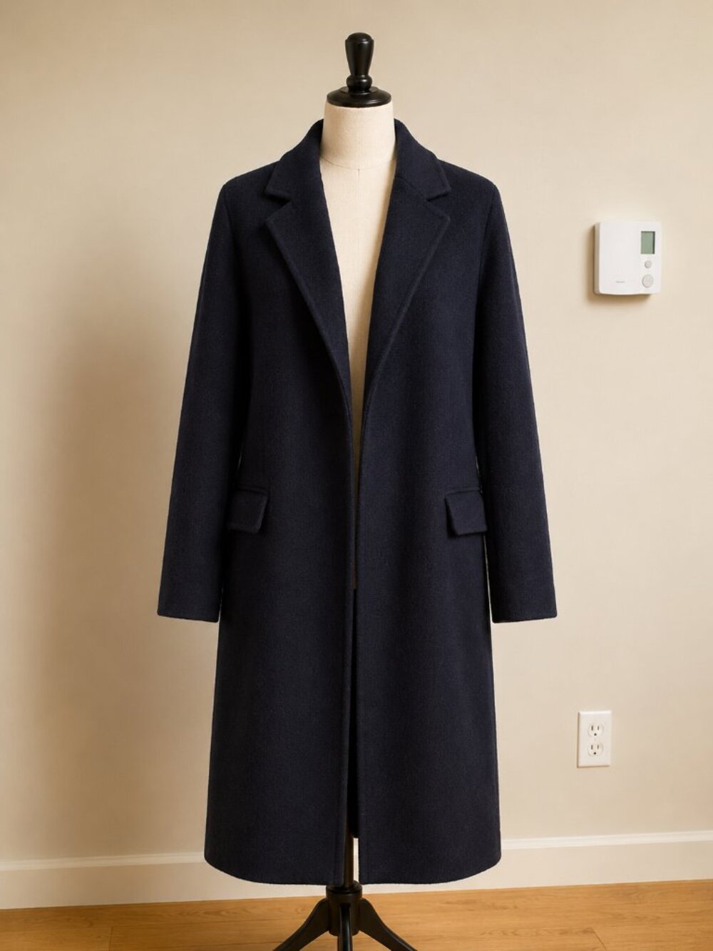 Nice Claup Alpaca Blend Long Coat – Navy Minimalist Korean Coat